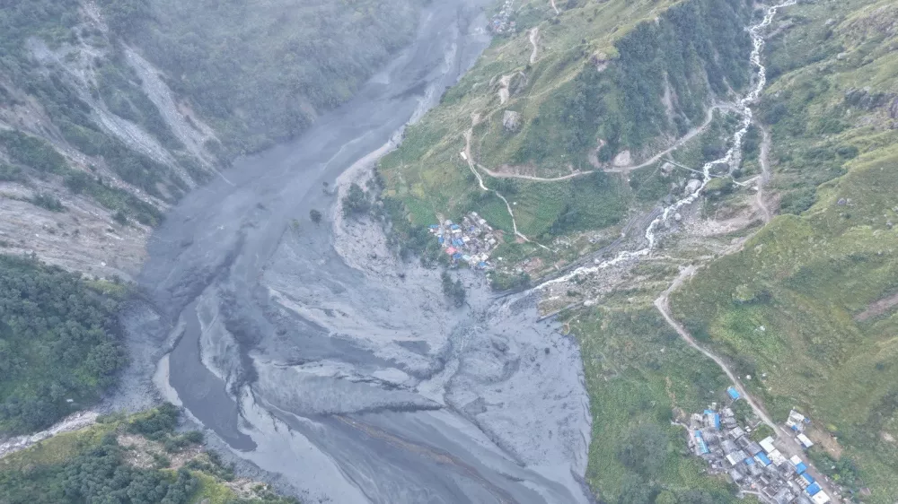 A drone view shows the areas affected by flooding of Budhi Gandaki River following a dry landslide in Chumnubri village, Gorkha district,&nbsp;Nepal, in this handout obtained by Reuters on October 11, 2026.&nbsp;National Trust for Nature Conservation-Manaslu Conservation Area Project (NTNC-MCAP)/Handout via REUTERS  THIS IMAGE HAS BEEN SUPPLIED BY A THIRD PARTY.   TPX IMAGES OF THE DAY