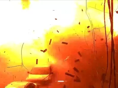 Surveillance footage shows vehicles parked on a street as debris falls during an explosion from a Russian strike, amid Russia's attack on Ukraine, in Kharkiv, Ukraine, October 11, 2026, in this frame from a handout video. Kharkiv Prosecutor's Office/via REUTERS THIS IMAGE HAS BEEN SUPPLIED BY A THIRD PARTY. MANDATORY CREDIT. NO RESALES. NO ARCHIVES. OVERLAY FROM SOURCE. VERIFICATION: Reuters verified the location from the buildings, business sign, sidewalk and road layout that matched the archive and satellite imagery from the area. Coordinates: 49.9630569, 36.0963842. The date was verified by corroborating official reports from the Kharkiv State of Emergency Service and the Regional Governor Oleh Syniehubov about the strike on October 11. No old results were found posted online before October 11.