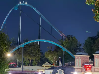 A roller coaster is shown at Six Flags over Georgia on Monday, Oct. 12, 2026 in Austell, Ga. (AP Photo/Emily Megnien)