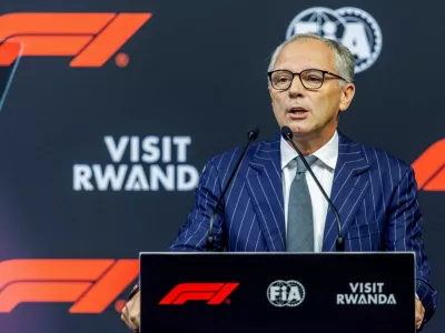 Formula 1 President and CEO Stefano Domenicali speaks at a press conference as Formula One and Rwanda agree on a 10-year deal to host a race from the early 2030s, in Kigali, Rwanda, October 13, 2026. REUTERS/Jean Bizimana
