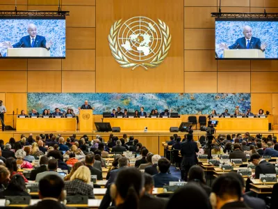 Barham Salih, UN High Commissioner for Refugees (UNHCR), delivers his statement, during the UNHCR's 77th annual Executive Committee, at the European headquarters of the United Nations, in Geneva, Switzerland, Monday, Oct. 12, 2026. (Salvatore Di Nolfi/Keystone via AP)