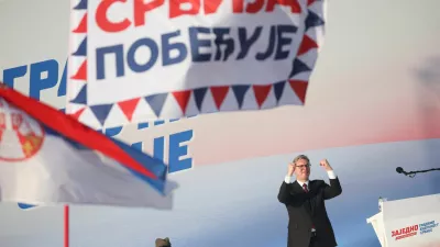 Serbian President Aleksandar Vucic attends a rally in Belgrade, Serbia, June 27, 2026. REUTERS/Djordje Kojadinovic