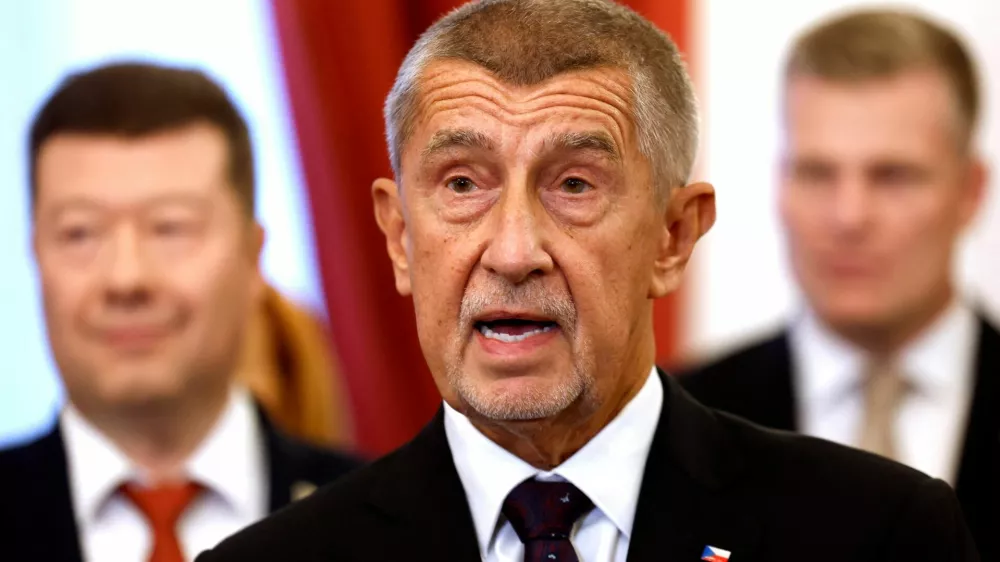 Leader of ANO party Andrej Babis speaks after leaders of ANO, SPD and Motorists parties signed a coalition agreement at the Czech Parliament in Prague, Czech Republic, November 3, 2025. REUTERS/David W Cerny