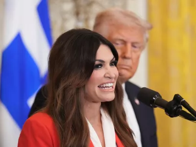 FILE - Kimberly Guilfoyle speaks as President Donald Trump listens at a reception celebrating Greek Independence Day in the East Room of the White House, March 24, 2025, in Washington. (AP Photo/Jacquelyn Martin, File)