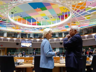 European Commission President Ursula von der Leyen, left, speaks with European Council President Antonio Costa during a round table meeting at the EU summit in Brussels, Thursday, Oct. 15, 2026. (AP Photo/Geert Vanden Wijngaert)