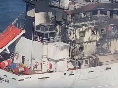 A screengrab from an aerial footage shows San Marino-flagged tanker wine trader ship that caught fire in Romanian territorial waters, released October 15, 2026. Romanian Interior Ministry/Handout via REUTERS THIS IMAGE HAS BEEN SUPPLIED BY A THIRD PARTY. NO RESALES. NO ARCHIVES. OVERLAY FROM SOURCE.