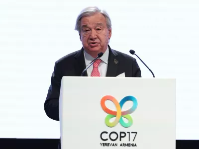 United Nations Secretary-General Antonio Guterres addresses a Leaders' Summit ahead of the start of the United Nations Biodiversity Conference, or COP17, in Yerevan, Armenia, Friday, Oct. 16, 2026. (Vahram Baghdasaryan/Photolure via AP)