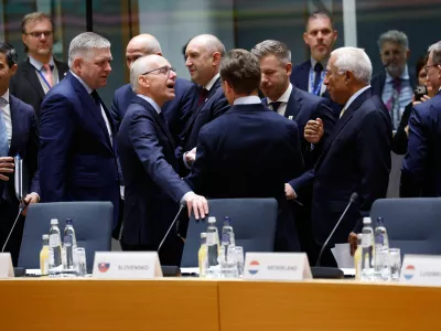 From left, Netherland's Prime Minister Rob Jetten, Slovakia's Prime Minister Robert Fico, Luxembourg's Prime Minister Luc Frieden, Bulgaria's Prime Minister Rumen Radev, Sweden's Prime Minister Ulf Kristersson, Hungary's Prime Minister Peter Magyar and European Council President Antonio Costa during a round table meeting at the EU summit in Brussels, Friday, Oct. 16, 2026. (AP Photo/Geert Vanden Wijngaert)