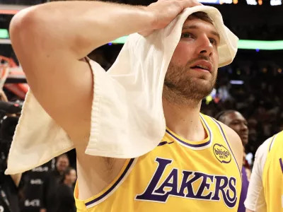 Mar 19, 2026; Miami, Florida, USA; Los Angeles Lakers guard Luka Doncic (77) after 60 point game against the Miami Heat at Kaseya Center. Mandatory Credit: Isabella Frias-Imagn Images