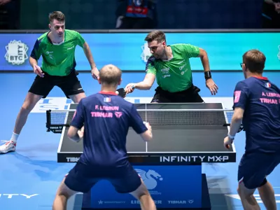 Ljubljana, Arena Stozice.Evropsko prvenstvo v namiznem tenisu.Slovenska namiznoteniska igralca Deni Kozul in Darko Jorgic sta v sestnajstini finala morala priznati premoc Francozoma Felixu in Alexisu Lebrunu.
