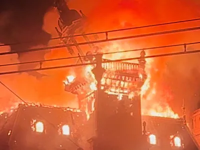 Fire in Limoges city hall amid protests, in Limoges, France, October 17, 2026, in this screengrab from a video obtained from social media. Lucas Destrem/via REUTERS THIS IMAGE HAS BEEN SUPPLIED BY A THIRD PARTY. MANDATORY CREDIT. NO RESALES. NO ARCHIVES. THIS IMAGE WAS PROCESSED BY REUTERS TO ENHANCE QUALITY, AN UNPROCESSED VERSION HAS BEEN PROVIDED SEPARATELY. TPX IMAGES OF THE DAY    VERIFICATION Reuters verified the location of the video from original file metadata and building structure that matched archive and satellite imagery of the area. The date matched Reuters reporting of a fire in Limoges city hall on October 17.