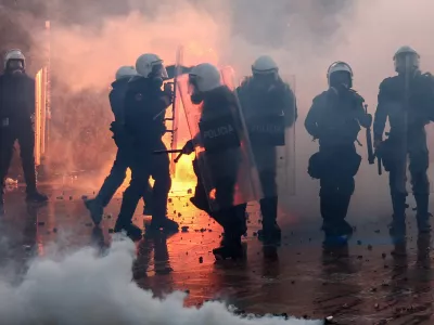 Police officers in riot gear gather during an anti-government protest by students in Tirana, Albania, October 18, 2026. REUTERS/Florion Goga