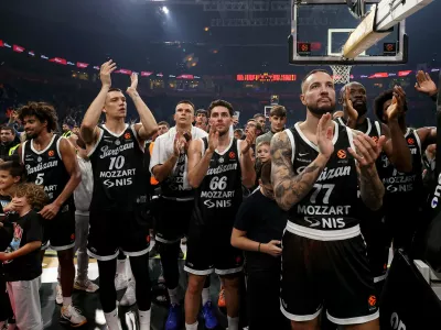 (L-R) Ethan Thompson of Partizan, Nikola Tanaskovic of Partizan, Arijan Lakic of Partizan, Alessandro Pajola of Partizan, Joffrey Lauvergne of Partizan and Tonye Jekiri of Partizan during Partizan v Panathinaikos basketball match of Euroleague season 2026/2027 round 5 at the Belgrade Arena in Belgrade, Serbia on October 13th 2026.//MILOSAVLJEVICLUKA_sipa.00694/Credit:Luka Milosavljevic/SIPA/2610141203,Image: 1143206408, License: Rights-managed, Restrictions:, Model Release: no 