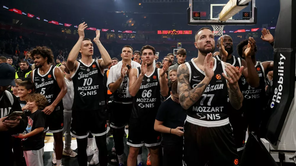 (L-R) Ethan Thompson of Partizan, Nikola Tanaskovic of Partizan, Arijan Lakic of Partizan, Alessandro Pajola of Partizan, Joffrey Lauvergne of Partizan and Tonye Jekiri of Partizan during Partizan v Panathinaikos basketball match of Euroleague season 2026/2027 round 5 at the Belgrade Arena in Belgrade, Serbia on October 13th 2026.//MILOSAVLJEVICLUKA_sipa.00694/Credit:Luka Milosavljevic/SIPA/2610141203,Image: 1143206408, License: Rights-managed, Restrictions:, Model Release: no 