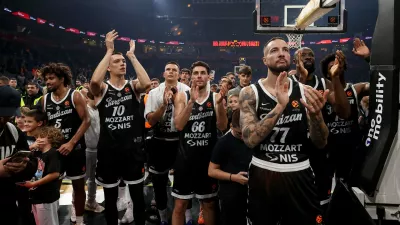 (L-R) Ethan Thompson of Partizan, Nikola Tanaskovic of Partizan, Arijan Lakic of Partizan, Alessandro Pajola of Partizan, Joffrey Lauvergne of Partizan and Tonye Jekiri of Partizan during Partizan v Panathinaikos basketball match of Euroleague season 2026/2027 round 5 at the Belgrade Arena in Belgrade, Serbia on October 13th 2026.//MILOSAVLJEVICLUKA_sipa.00694/Credit:Luka Milosavljevic/SIPA/2610141203,Image: 1143206408, License: Rights-managed, Restrictions:, Model Release: no 