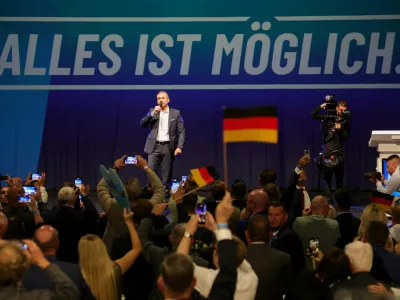 FILE PHOTO: Top candidate of the far-right Alternative for Germany (AfD) Ulrich Siegmund speaks at the AfD election party after polls closed in the Saxony-Anhalt state elections and exit polls were announced, in Magdeburg, Germany, September 6, 2026. REUTERS/Fabrizio Bensch/File Photo