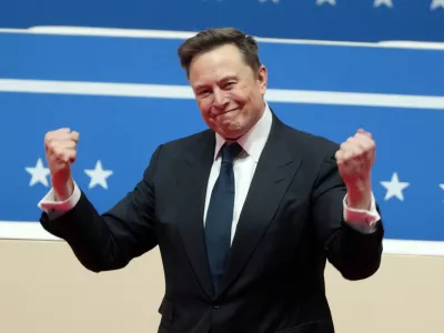 FILE - Elon Musk arrives to speak at an indoor Presidential Inauguration parade event in Washington, Jan. 20, 2025. (AP Photo/Matt Rourke, File)