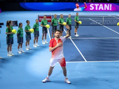 Switzerlands Stan Wawrinka greets the fans after his final match in his career against Czech Republic's Jiri Lehecka during the first round of the Swiss Indoors tennis tournament in Basel, Switzerland, Tuesday, Oct. 27, 2026. (Claudio Thoma/Keystone via AP)