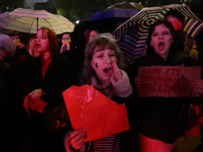 Protesters shout slogans during a demonstration against Poland's abortion law and demanding the legalization of abortion in Warsaw, Poland, Thursday, Oct. 22, 2026. (AP Photo/Beata Zawrzel)