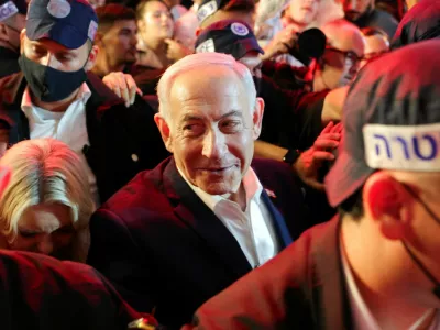 Israeli Prime Minister Benjamin Netanyahu, leader of the Likud party, reacts as he tours Mahane Yehuda market, ahead of Israel's national election, in Jerusalem, October 23, 2026. REUTERS/Kevin Coombs