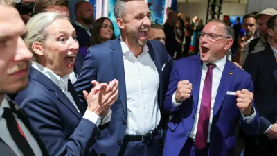 Top candidate of the far-right Alternative for Germany (AfD), Ulrich Siegmund, with party co leaders Alice Weidel and Tino Chrupalla, reacts after polls closed, on the day of the Saxony-Anhalt state elections, in Magdeburg, Germany, September 6, 2026. REUTERS/Fabrizio Bensch