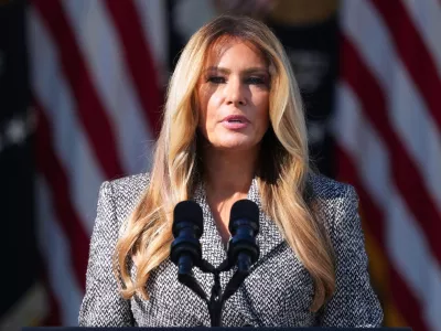 FILE - First lady Melania Trump speaks in the Rose Garden of the White House, Oct. 19, 2026, in Washington. (AP Photo/Mark Schiefelbein, File)