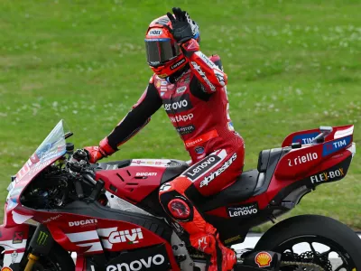 MotoGP - German Grand Prix - Sachsenring, Hohenstein-Ernstthal, Germany - July 11, 2026 Ducati Lenovo Team's Marc Marquez celebrates after winning the sprint race REUTERS/Annegret Hilse