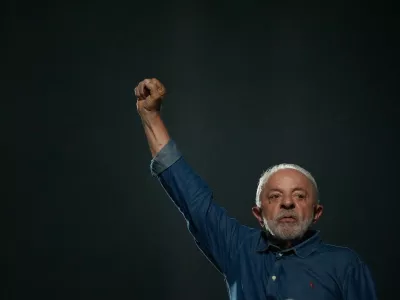 President Luiz Inacio Lula da Silva addresses supporters during a victory rally after winning a fourth term in the presidential runoff on Paulista Avenue in Sao Paulo, Brazil, Sunday, Oct. 25, 2026. (AP Photo/Natacha Pisarenko)