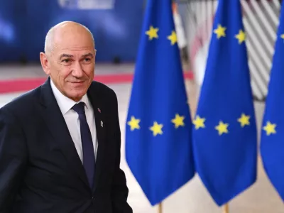 Slovenia's Prime Minister Janez Jansa arrives for the EU summit at the European Council building in Brussels, Thursday, Oct. 15, 2026. (AP Photo/Harry Nakos)