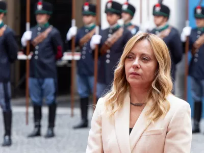 Italian Prime Minister Giorgia Meloni waits to meet Slovenian Prime Minister Janez Jansa, at Palazzo Chigi in Rome, Monday Oct. 5, 2026 (Mauro Scrobogna/LaPresse via AP)