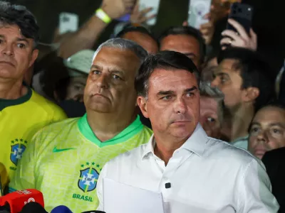 Brazilian presidential candidate Flavio Bolsonaro of the Liberal Party (PL) arrives to speak after losing the presidential runoff election, in Brasilia, Brazil October 25, 2026. REUTERS/Agustin Marcarian