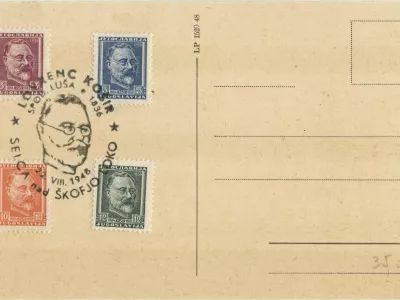 Muzej po&scaron;te in telekomunikacij: priložnostne po&scaron;tne znamke s portretom Lovrenca Ko&scaron;irja iz leta 1948