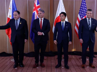From left, Philippines Defense Secretary Gilberto Teodoro, Australia Defense Minister Richard Marles, Japan Defense Minister Shinjiro Koizumi and U.S.Defense Secretary Pete Hegseth pose for pictures before holding a Quadrilateral Meeting on the sidelines of the 20th Association of Southeast Asian Nations (ASEAN) Defence Ministers' Meeting (ADMM) and 13th ADMM-Plus Meetings in Cebu, Philippines, Wednesday, Oct. 28, 2026..(Rolex Dela Pena/Pool Photo via AP)