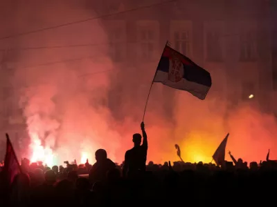 Supporters of the electoral list "Student List - Students Win" celebrate after Aleksandar Vucic, Serbian Progressive Party (SNS) prime ministerial candidate, conceded defeat in the parliamentary election in Belgrade, Serbia, October 26, 2026. REUTERS/Uros Arsic   TPX IMAGES OF THE DAY