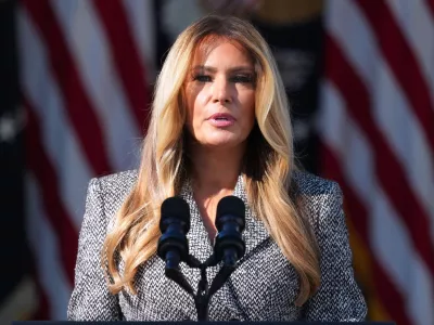FILE - First lady Melania Trump speaks in the Rose Garden of the White House, Oct. 19, 2026, in Washington. (AP Photo/Mark Schiefelbein, File)
