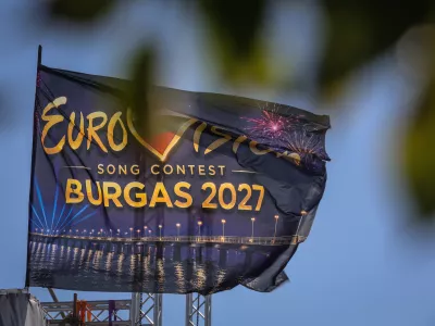 FILE - An Eurovision flag flies at the port of Burgas, on Bulgaria's Black Sea coast, which will host the 71st Eurovision Song Contest in 2027, Friday, Aug. 14, 2026. (AP Photo/Valentina Petrova, File)