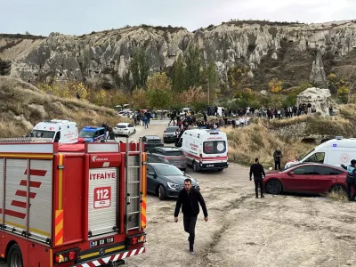 A fire truck and ambulances are parked near the scene after rocks fell from a fairy chimney, a volcanic rock formation, following heavy rainfall in Goreme, in central Cappadocia region, Turkey, October 29, 2026. Ihlas News Agency via REUTERS ATTENTION EDITORS - THIS PICTURE WAS PROVIDED BY A THIRD PARTY. NO RESALES. NO ARCHIVES.TURKEY OUT. NO COMMERCIAL OR EDITORIAL SALES IN TURKEY.