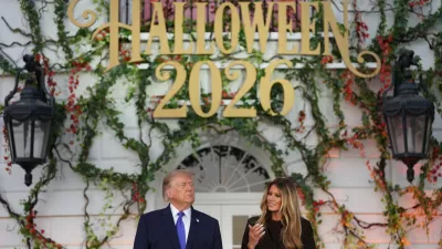 President Donald Trump and first lady Melania Trump attend a Halloween event on the South Lawn of the White House, Thursday, Oct. 29, 2026, in Washington. (AP Photo/Mark Schiefelbein)
