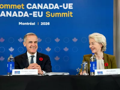 President of the European Commission Ursula von der Leyen gives remarks alongside Prime Minister Mark Carney at a roundtable with business leaders during the Canada-EU Summit, in Montreal, October 29, 2026. Christopher Katsarov/Pool via REUTERS