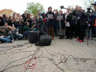 Student Filip Ubovic speaks during a news conference by Serbia's student movement demanding the resignations of top police and security officials in Belgrade, Serbia, Thursday, Oct. 29, 2026. (AP Photo/Darko Vojinovic)
