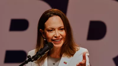 Venezuelan opposition leader Maria Corina Machado holds a press conference in Caracas, Venezuela, Thursday Oct. 29, 2026. (AP Photo/Pedro Mattey)