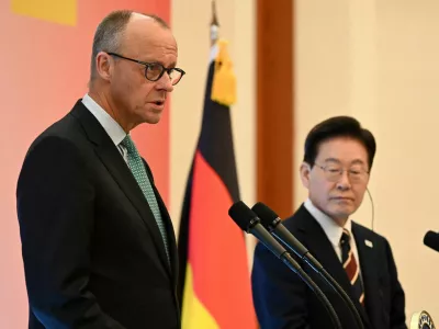 FILE PHOTO: German Chancellor Friedrich Merz and South Korean President Lee Jae Myung attend the joint press announcement at the presidential Blue House, in Seoul, South Korea October 29, 2026. Song Kyung-Seok/Pool via REUTERS/File Photo