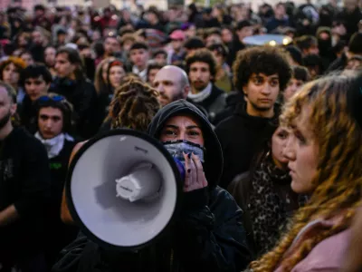  A march passes in front of the Ministry of Education at Piazza dell'Emporio. Friday, Oct. 30, 2026. (Photo by Valentina Stefanelli /LaPresse via AP)