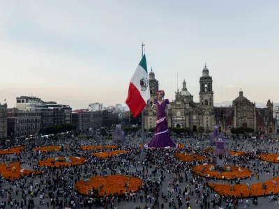 A more than 30-metre (98-foot) tall "Catrina" sculpture, a skeletal figure associated with Mexico's Day of the Dead traditions, is displayed at Mexico City's Zocalo square ahead of Day of the Dead celebrations, in Mexico City, Mexico, October 30, 2026. REUTERS/Quetzalli Nicte-Ha  REFILE - QUALITY REPEAT