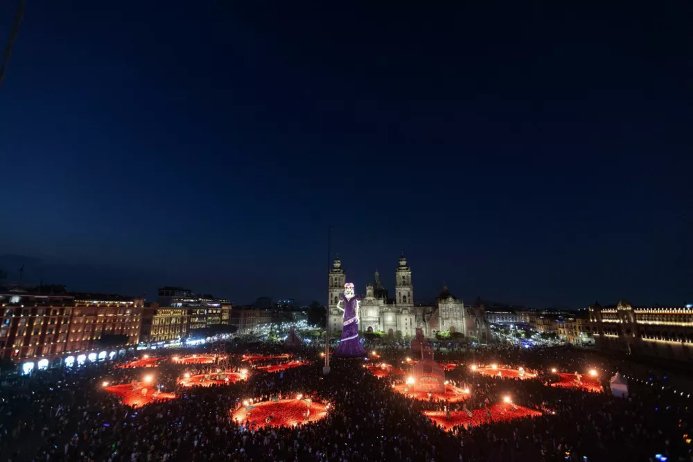 A more than 30-metre (98-foot) tall "Catrina" sculpture, a skeletal figure associated with Mexico's Day of the Dead traditions, is displayed at Mexico City's Zocalo square ahead of Day of the Dead celebrations, in Mexico City, Mexico, October 30, 2026. REUTERS/Quetzalli Nicte-Ha