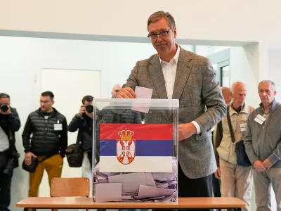 Aleksandar Vucic, leader of the right-wing Serbian Progressive Party (SNS) casts his vote in a parliamentary election in Belgrade, Serbia, Sunday, Oct. 25, 2026. (AP Photo/Darko Vojinovic)
