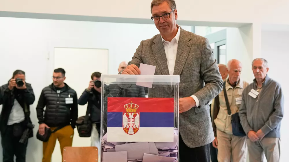 Aleksandar Vucic, leader of the right-wing Serbian Progressive Party (SNS) casts his vote in a parliamentary election in Belgrade, Serbia, Sunday, Oct. 25, 2026. (AP Photo/Darko Vojinovic)