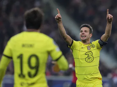 Soccer Football - Champions League - Lille v Chelsea - Stade Pierre-Mauroy, Villeneuve-d'Ascq, France - March 16, 2022 Chelsea's Cesar Azpilicueta celebrates scoring their second goal REUTERS/Pascal Rossignol