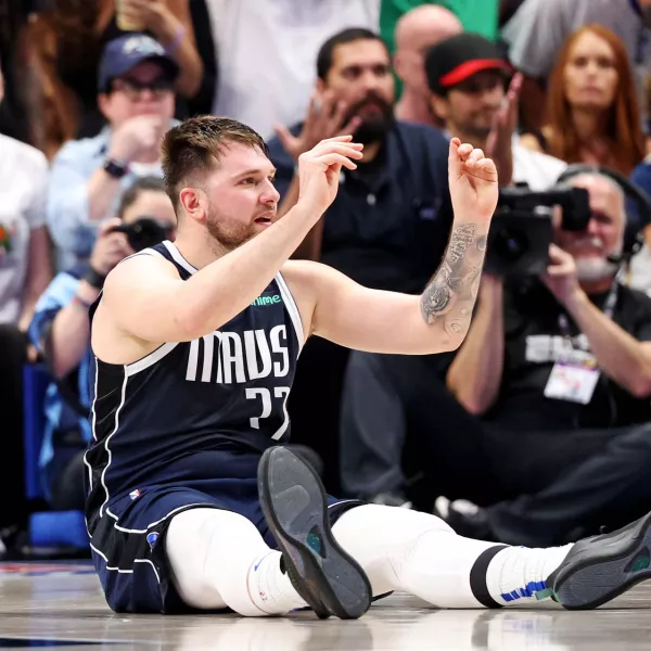 Jun 12, 2024; Dallas, Texas, USA; Dallas Mavericks guard Luka Doncic (77) reacts to receiving his sixth foul during the fourth quarter during game three of the 2024 NBA Finals against the Boston Celtics at American Airlines Center. Mandatory Credit: Kevin Jairaj-USA TODAY Sports