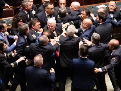 12 June 2024, Italy, Rome: A dispute between deputies following a protest by the opposition during parliamentary work in the Chamber of Deputies over the provisions implementing the differentiated autonomy of the regions with a statute. Photo: Mauro Scrobogna/LaPresse via ZUMA Press/dpa